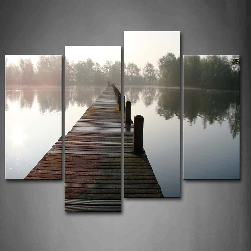 

4 Panels Unframed Wall Art Pictures Pier Trees Lake Canvas Print Modern City Posters No Frame For Home Living Room Decor
