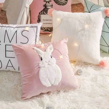 

45x45cm cute soft white fur rabbit pillowcase cushion cover sofa geometric throw pillow case wool balls pink waist pillow case