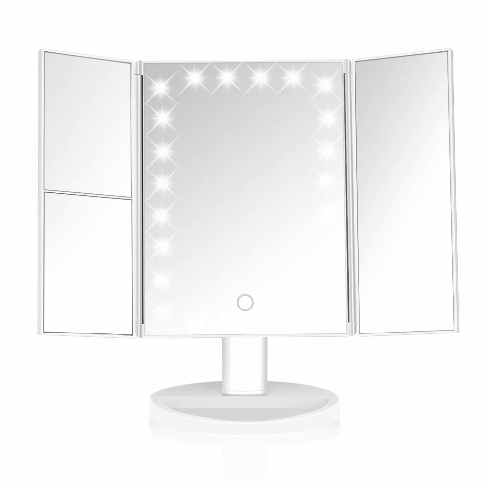 

Trifold LED Dimmable Makeup Mirror with 2X / 3X Magnification 180 degree rotation 24 LED light Bottom Tray Tabletop Mirror