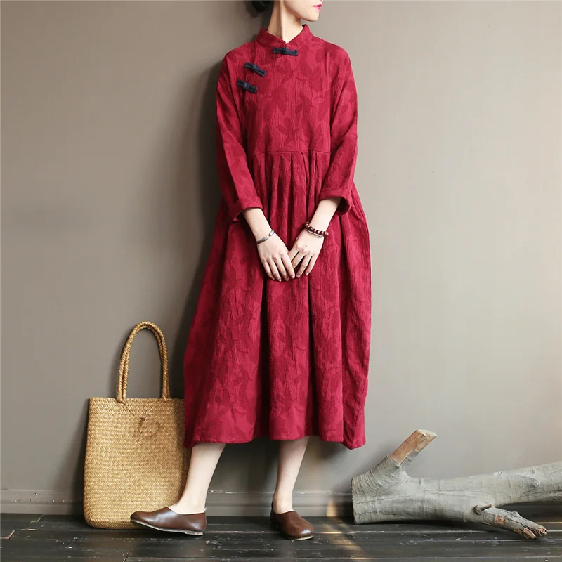 

Johnature 2019 Autumn New Women Chinese Dress Vintage Cotton Linen Robes Stand Long Sleeve Button Jacquard Loose Casual Dresses