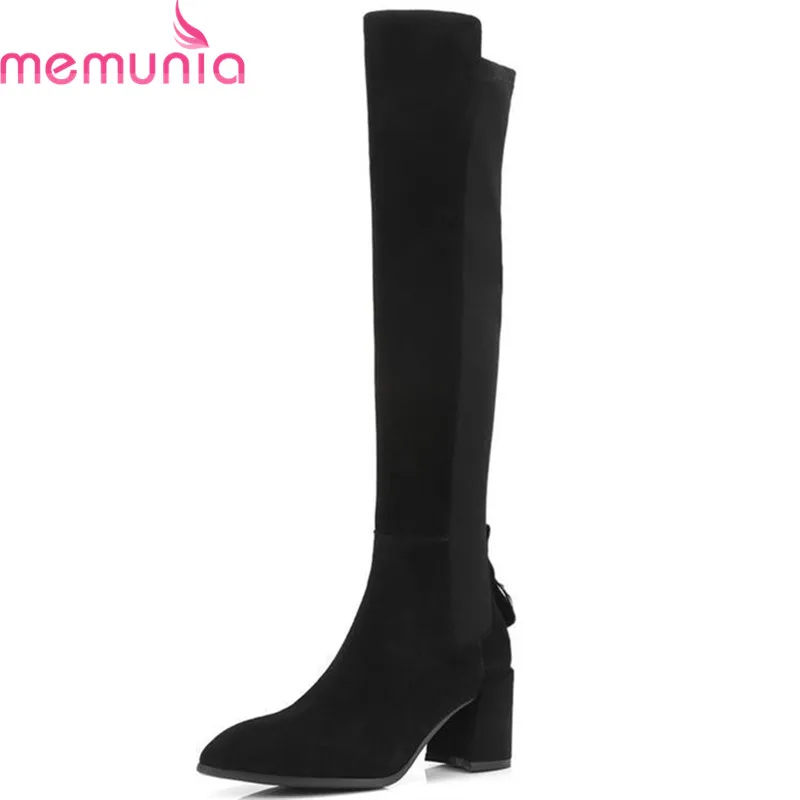 

MEMUNIA 2020 new arrival cow suede leather knee high boots women zipper Stretch autumn winter boots square high heels shoes