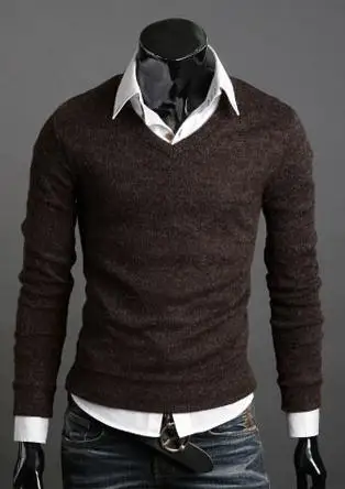 Новые модные весенние Для мужчин с треугольным вырезом с длинными рукавами свитера мужские осенние тонкий свитер Цвет пуловер База Топы SSW67 - Цвет: brown