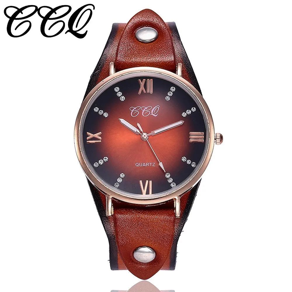 CCQ бренд Для женщин Винтаж из натуральной кожи в римском стиле циферблат наручные часы Повседневное женские Модные Стразы кварцевые часы Relogio Feminino - Цвет: orange