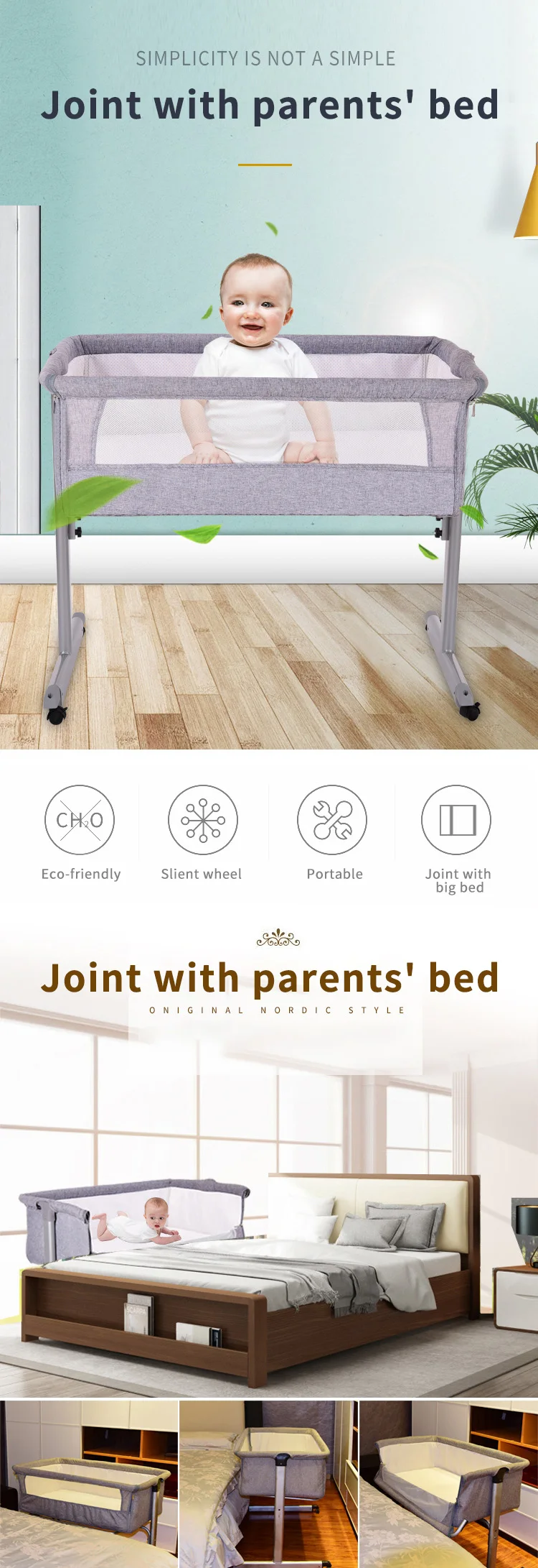 Кровать для новорожденных может быть состыкованной кроваткой складной многоцелевой ультра-легкий с роликом легко носить кроватку