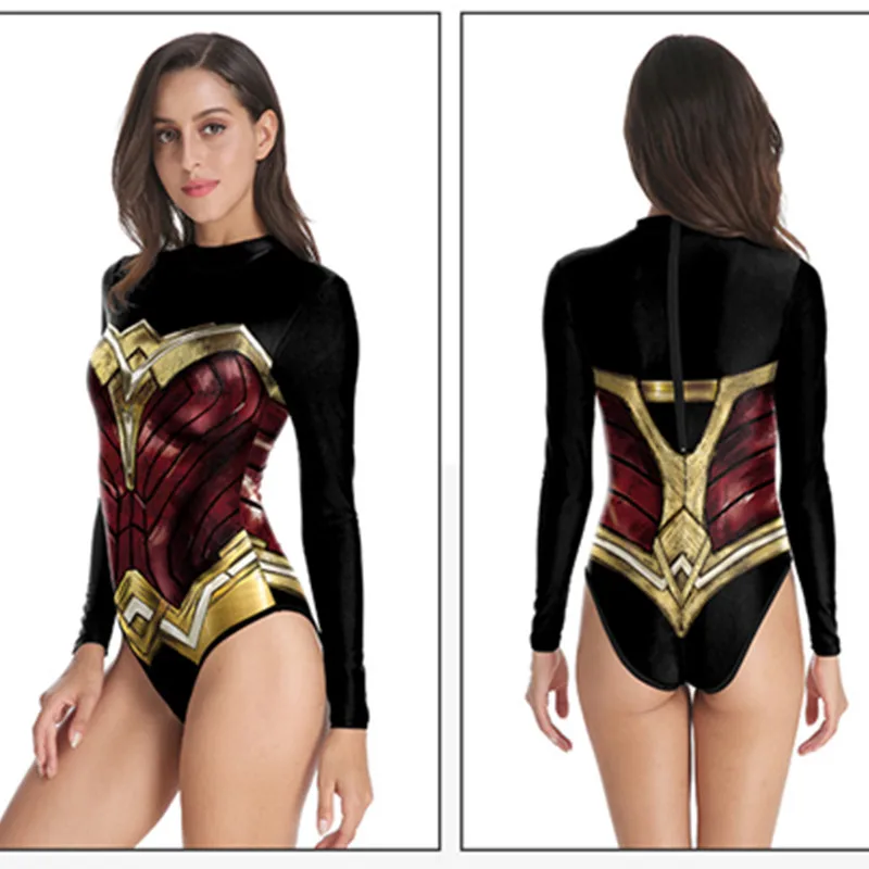 

Swimsuit One Piece Justice League Print Swim Suit Women Swimwear Long Sleeve Bathing Suit Plus Size Bikini Avengers Brazilian