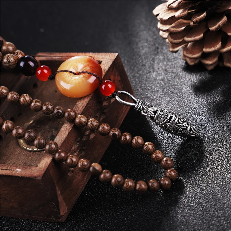 Handmade Buddhist Mala Wood Beads Long Necklace For Women Imitation