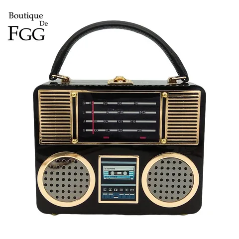 Boutique de Fgg Rádio do Vintage Bolsa de Ombro Retro Acrílico Caixa Embreagem Noite Bolsas Femininas Totes Senhoras Crossbody