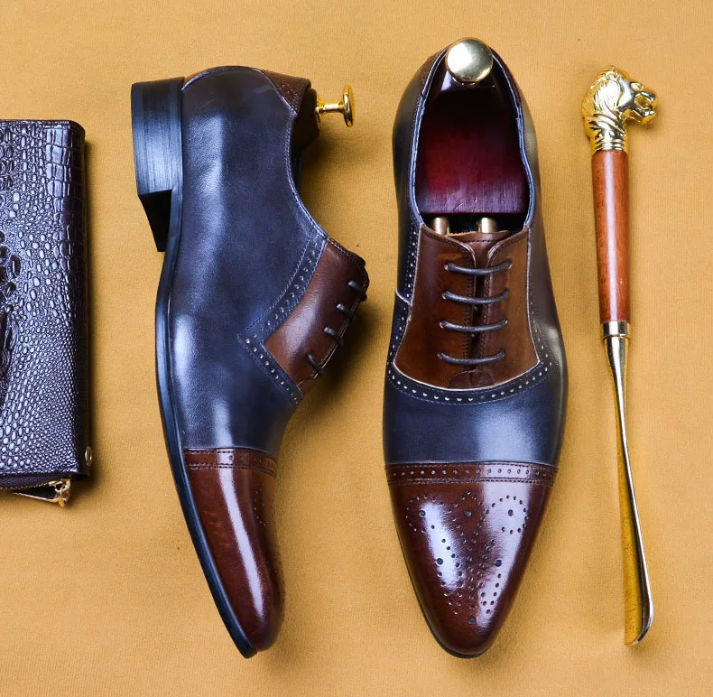 QYFCIOUFU/двухцветные Мужские модельные туфли-оксфорды из натуральной кожи; мужские туфли на шнуровке; свадебные офисные туфли с перфорацией типа «броги»