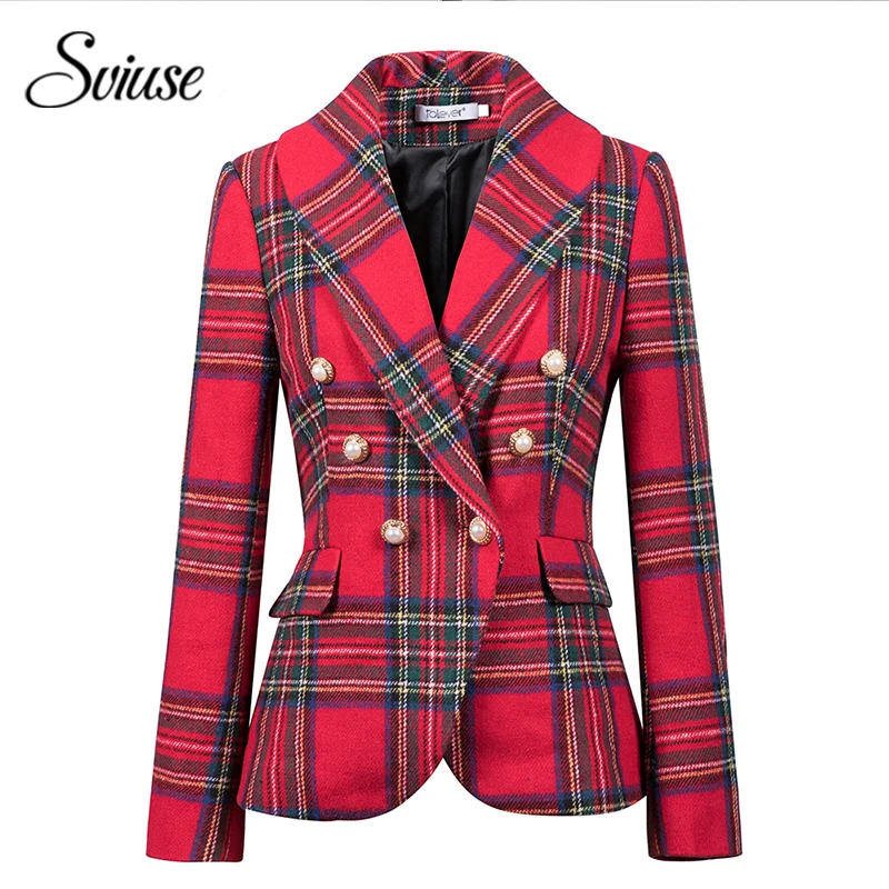 Women Red Plaid Blazer Classic European School Uniform Suit Female