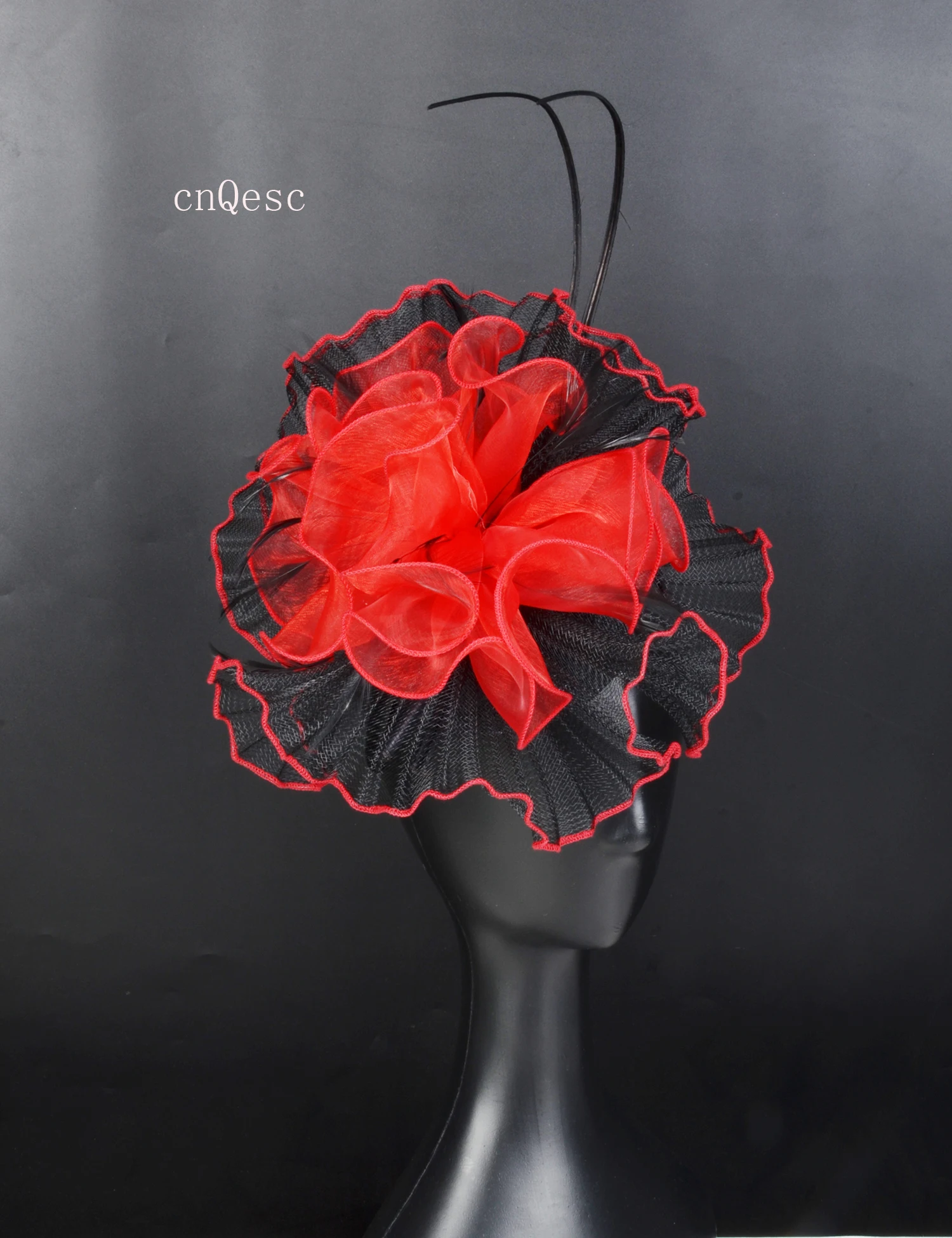 

2019 Red black wave crin organza fascinator sinamay base Kentucky Derby bridal shower mother of the bride w/orstirch spine