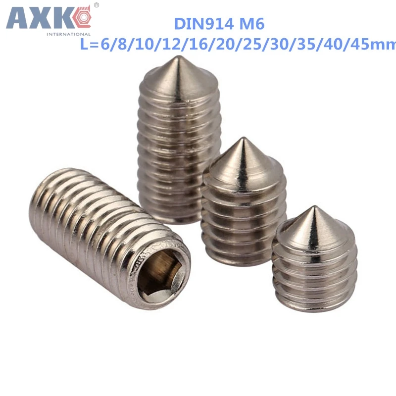 

AXK M6 DIN914 Hex Socket Flat Head Set Machine Screws With Cone Point 304 Stainless Steel DIY Repair Fastening Screw