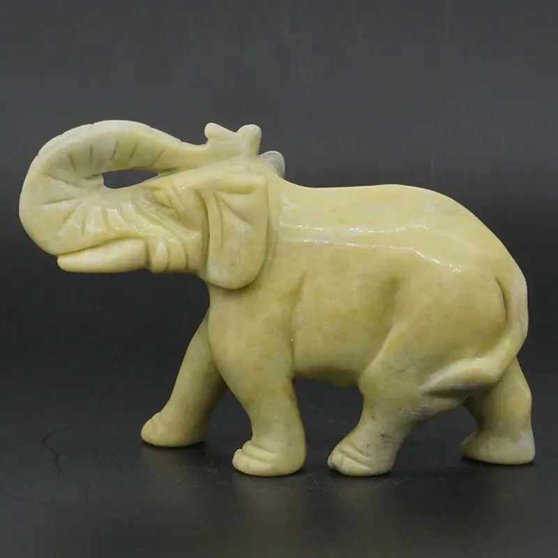 Elephant Figurine 5" Natural Gemstone Lemon Jade Carved Statue Crafts Home Office Decor