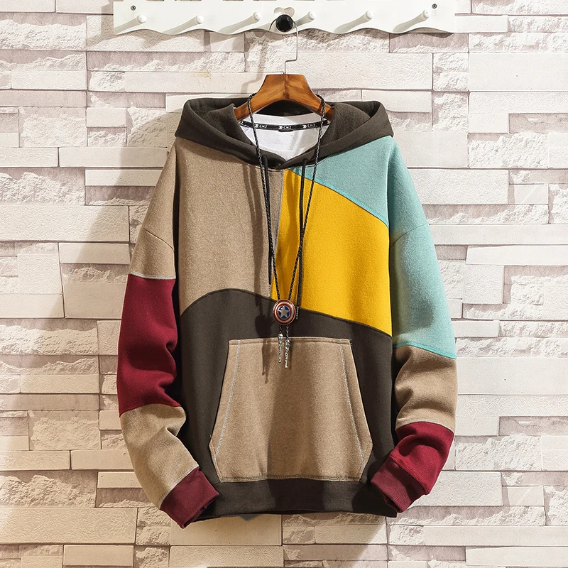 Мужская толстовка, Мужской Свободный пуловер с цветными блоками, мужская Японская уличная куртка, модная мужская толстовка в стиле хип-хоп, пуловер, Размер 5XL