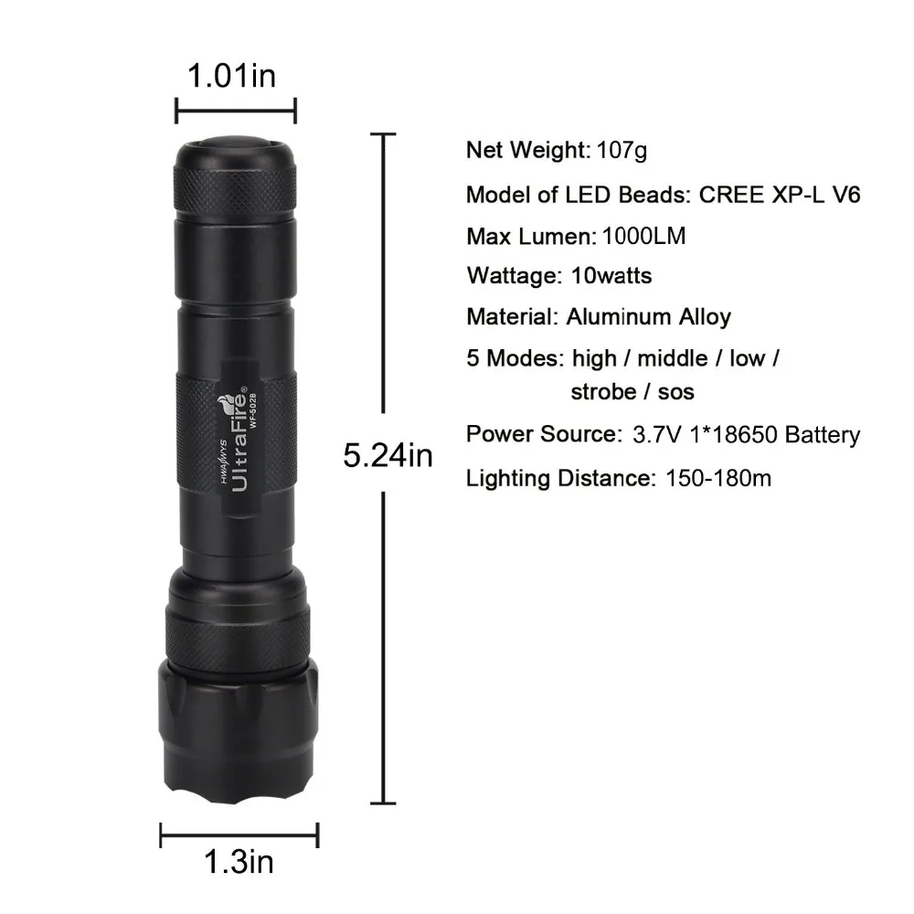 UltraFire WF-502B Портативный CREE XP-L V6 1000lm5 Режим 18650 фонарик перезаряжаемый фонарь охотничий излучатель V6 лампа Luz