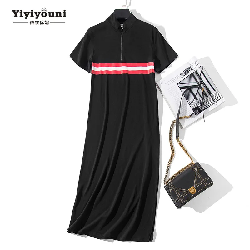 Summer Midi Print T Shirt Dresses Women Plus Size Zipper Pockets Split Dress Khaki Black Casual Mid-calf Loose Long Dresses 2019