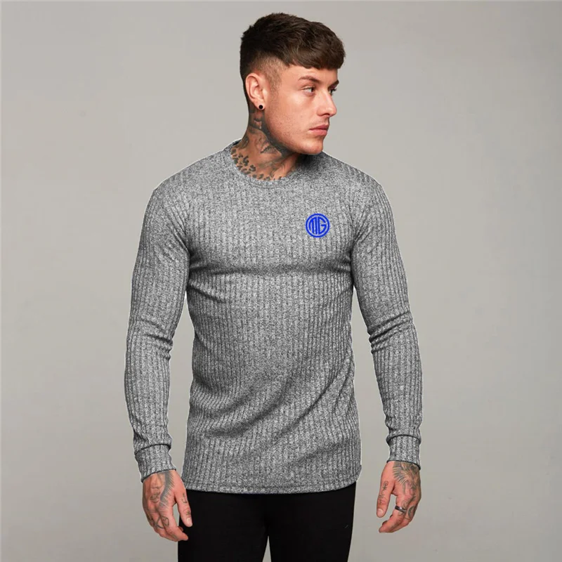 Machinefitness Slim Fit с длинным рукавом свитера Для мужчин s Весенняя мода вязаная рубашка Для мужчин Повседневное круглым вырезом пуловеры Для