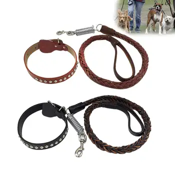 

120cm Genuine Leather Weaved Dog Traction Rope Pet Collar Walking Leash Strap Useful