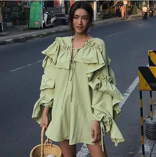

2019 Summer New Korean Clothes Round Collar Stitching Ruffles Long Sleeve Loose Large Size Mini Women Dress LJ891