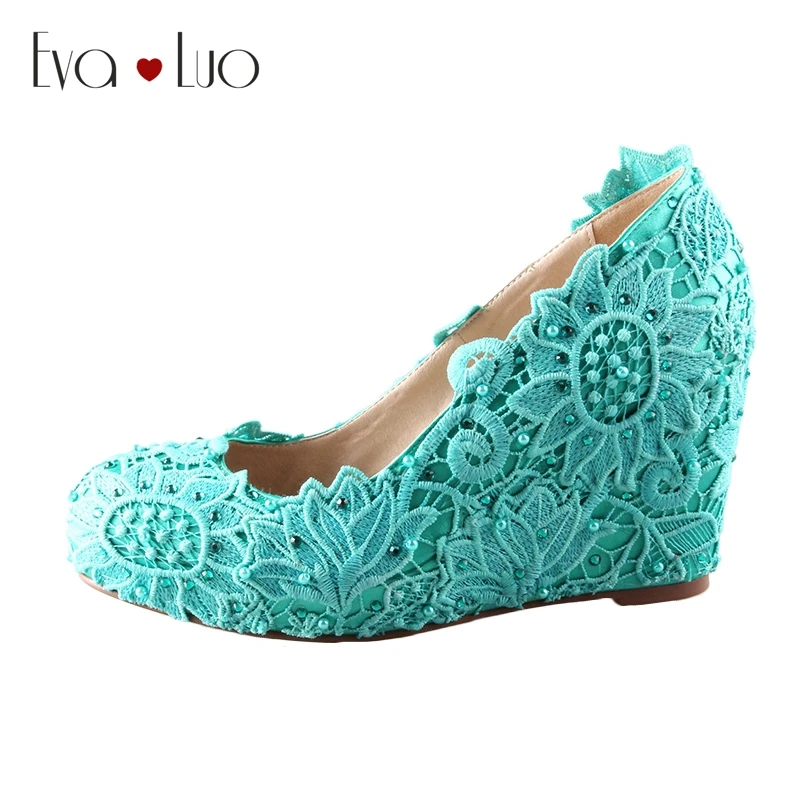 Chs579 Dhl Express Handmade Wedge Heel Mint Green Lace Bridal Wedding Shoes Women Shoes Pumps