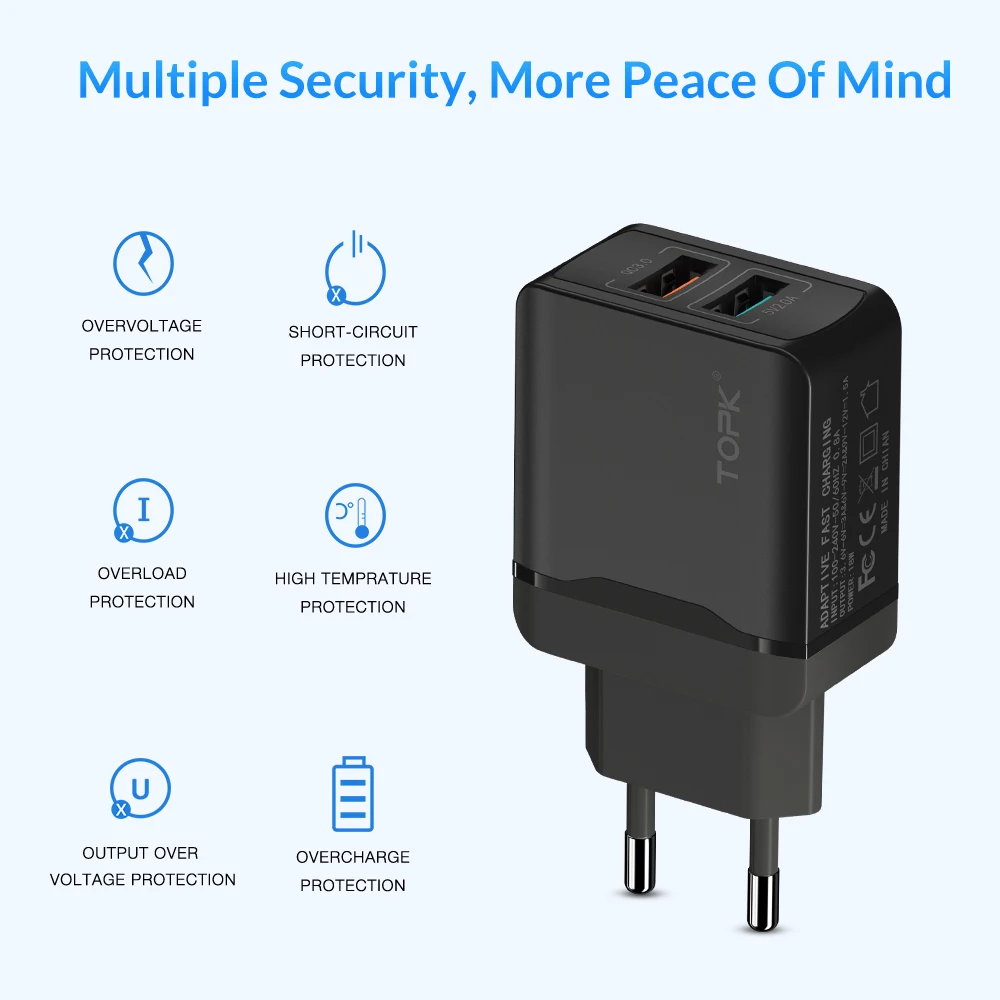 TOPK USB Charger Quick Charge 3.0 Fast Charger qc3.0 USB Wall Charger for iPhone xr Xiaomi Samsung Huawei Mobile Phone Charger