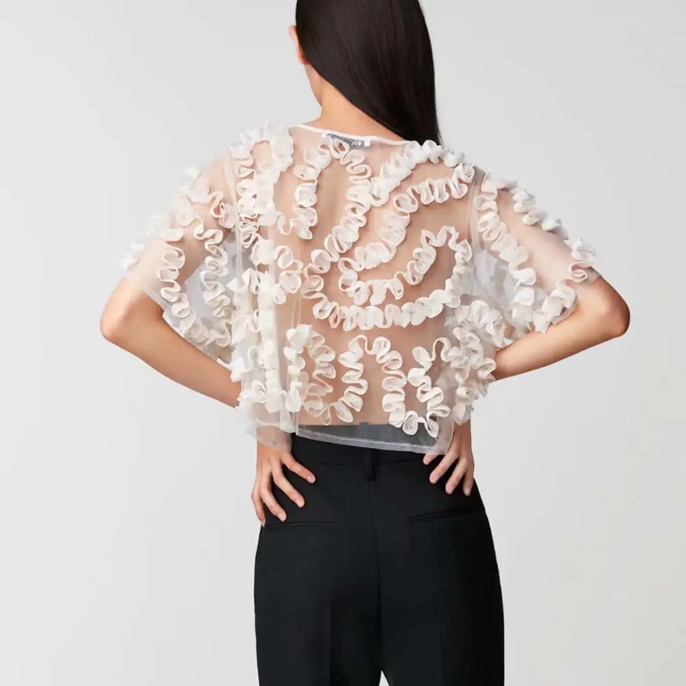 Summer beige mesh blouse shirt women top tulle see-through wavy Coiling decoration Casual stylish charming blouse femme blusas