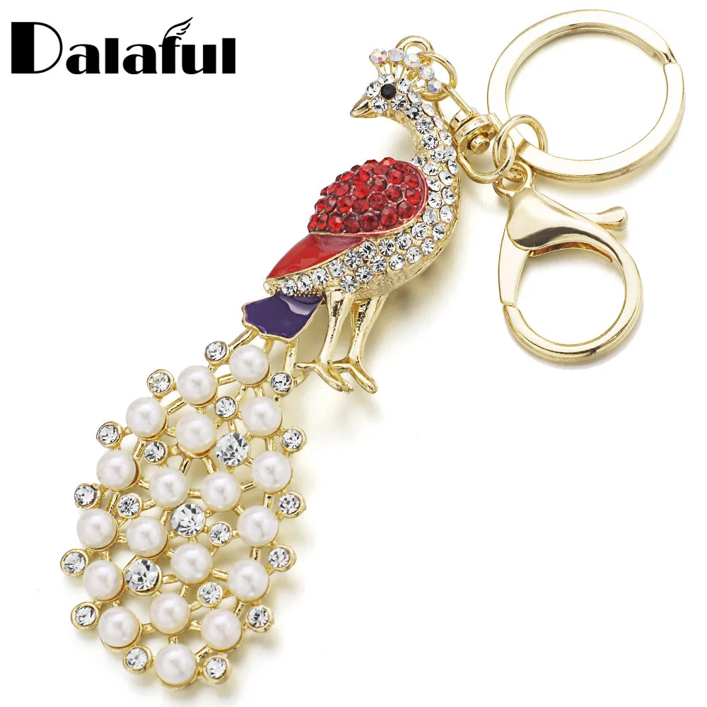

Dalaful Chic Peacock Faux Pearl Crystal HandBag Pendant Keyring Keychain For Car Keyfob key chains holder for women K159