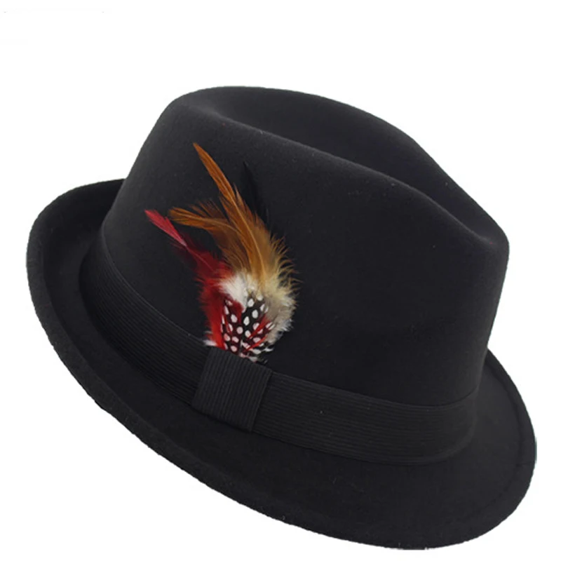 Женская шляпа с коротким козырьком, шерсть, фетр, джаз, фетровая шляпа, тренд, дамские шляпы, фетровые шляпы с пером, лента, Декор, Trilby Chapeau - Цвет: Черный