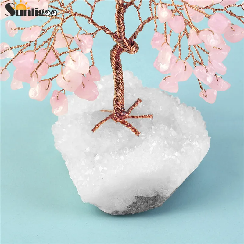 Sunligoo 1pc Natural Stone Feng Shui Bonsai Money Tree on Clear Quartz Cluster Base for Protection Healing Home Decor 5.51-6.29"