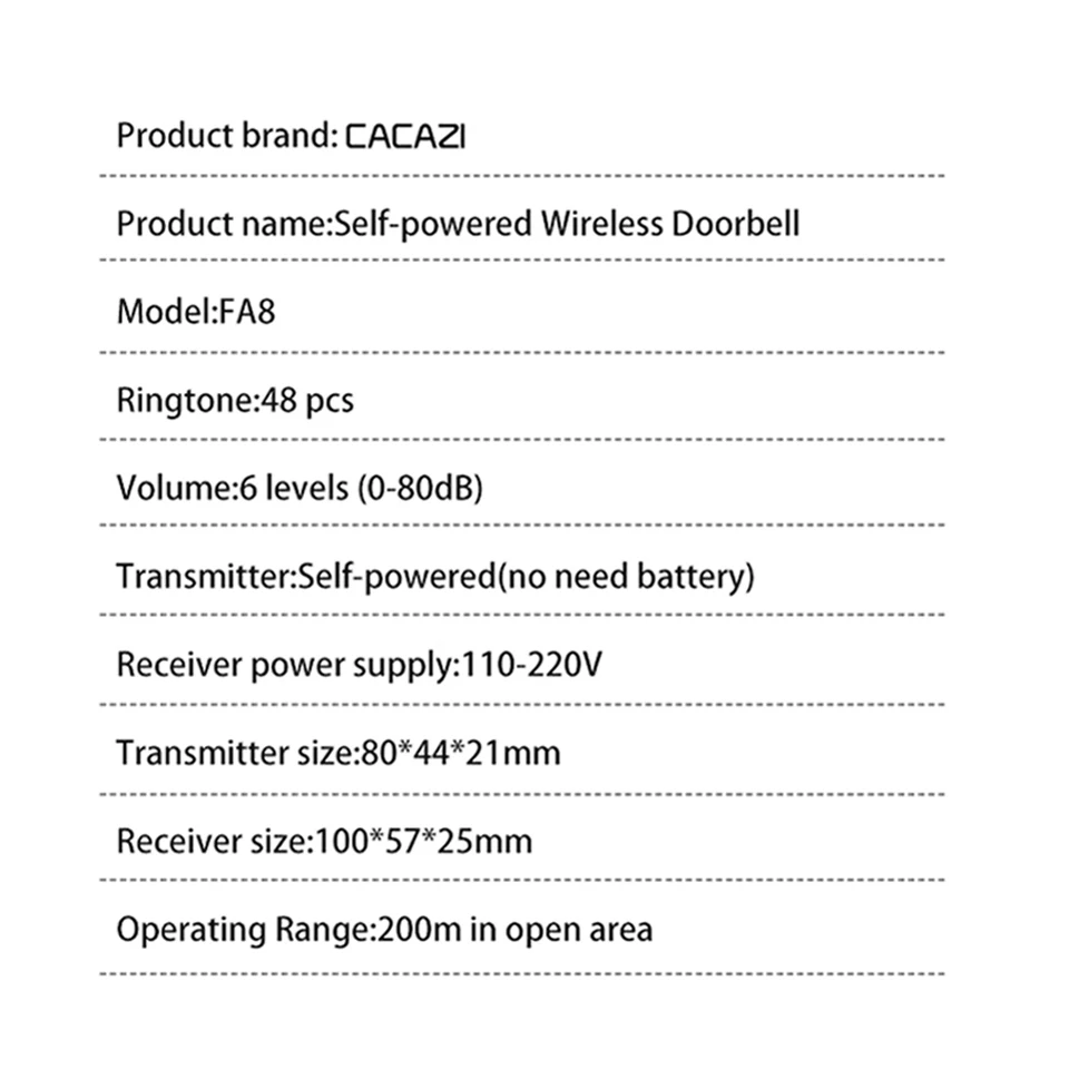 CACAZI без Батарея нужно Водонепроницаемый Беспроводной дверной звонок 200 м удаленного кинетическая электронный светодиодный свет кольцо колокол 1 кнопка+ 1 приемник