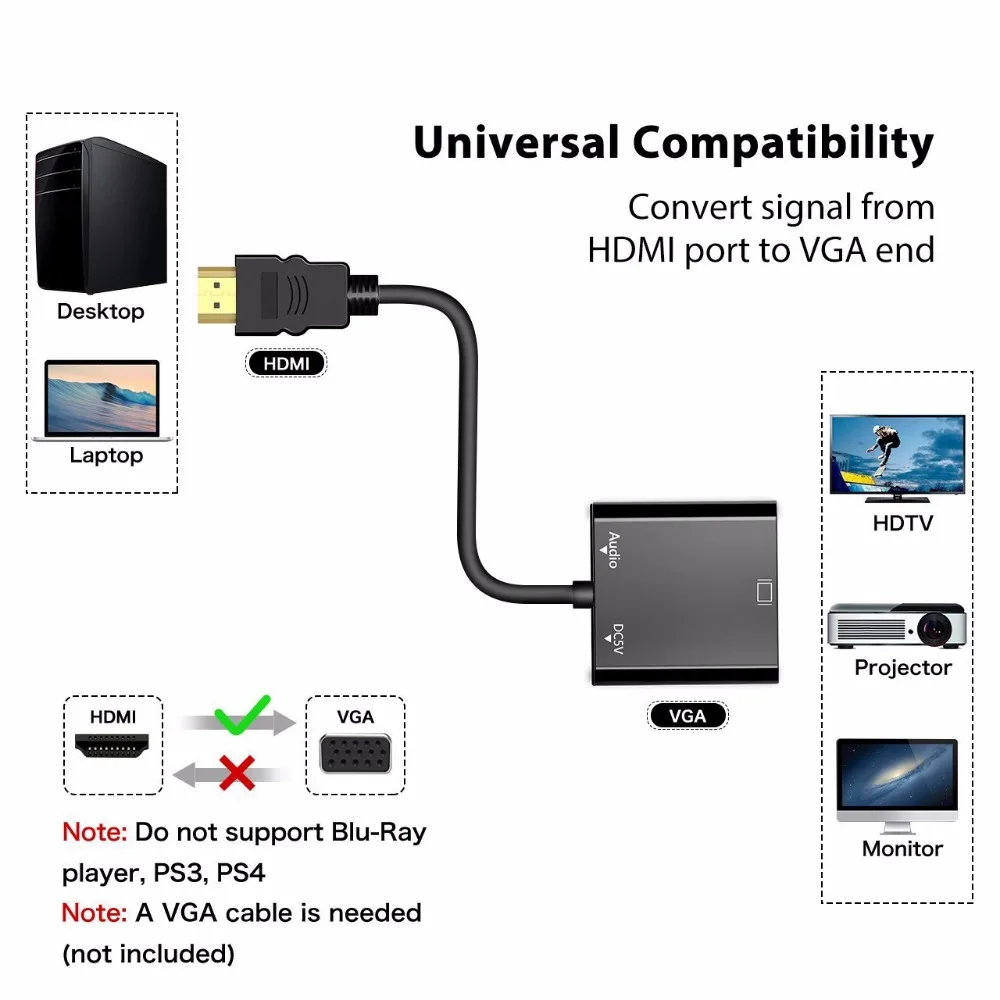 Suntaiho HDMI To VGA Adapter Converter HDMI VGA Adapter HD 1080P With Audio Output For PS3 PS4 XBOX HDTV Andorid TV Box Suntaiho HDMI To VGA Adapter Converter HDMI VGA Adapter HD 1080P With Audio Output For PS3 PS4 XBOX HDTV Andorid TV Box