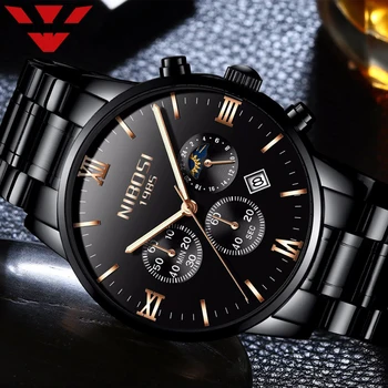 

Men Military Watch Waterproof Mens Watches Quartz Top Brand Luxury Sun Moon Design Stainless Steel Wristwatch Black Watch Men