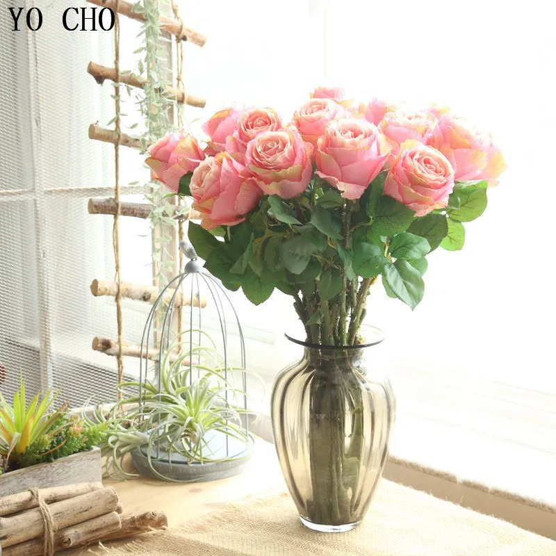 YO CHO Artificial Flower High Quality Thailand Rose Flower Fake Leaves For Wedding Home Garden Moisturizing Felt Fake Flowers