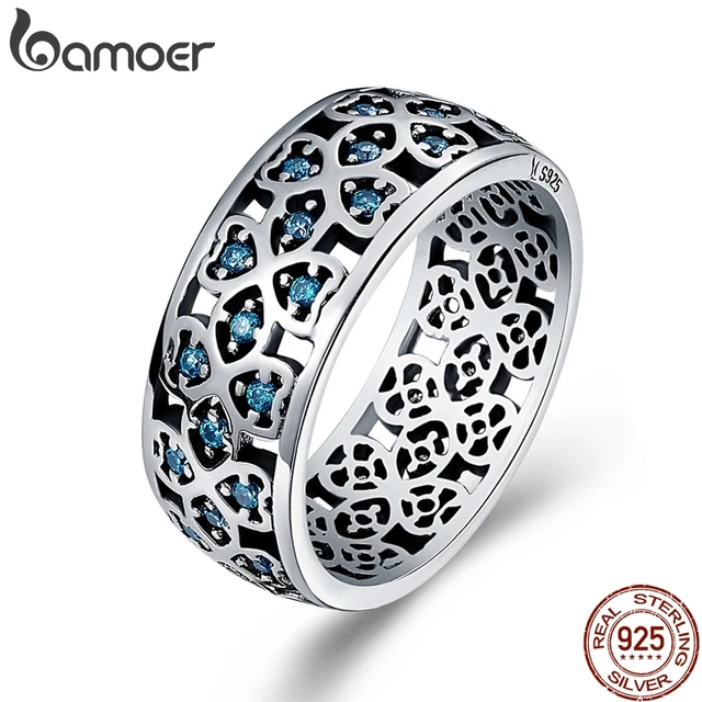 BAMOER 100% 925 Sterling Silver Petals of Love Sweet Clover Blue CZ Finger Rings BAMOER 100% 925 Sterling Silver Petals of Love Sweet Clover Blue CZ Finger Rings