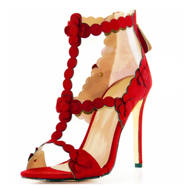 

Hot Selling Elegant Flock High Heel Sandals 2018 Newest Open Toe Thin Heels Woman Shoes Summer Red Dress Sandals