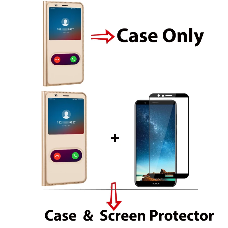 WeeYRN Answering Leather Flip Phone Case Huawei Honor 7A Pro 7C 7X Tempered Glass Hard Case Full Cover Huawei Honor 7X 7C 7A Pro