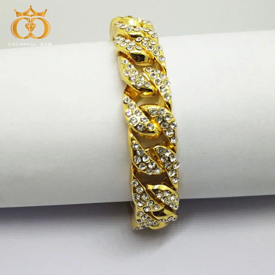Цвет ful. gem15mm Bling Rhinestone Модные мужские браслеты и браслеты высокого качества золотого цвета леденец в Майами, кубинская сеть хип-хоп
