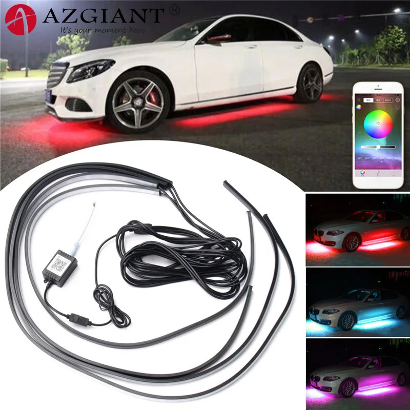 AZGIANT 4 шт. 5050 светодиодный супер яркий 2*60 см+ 2*90 см Автомобильный светодиодный RGB декоративный свет пульт дистанционного управления Водонепроницаемый звук активный управление приложением