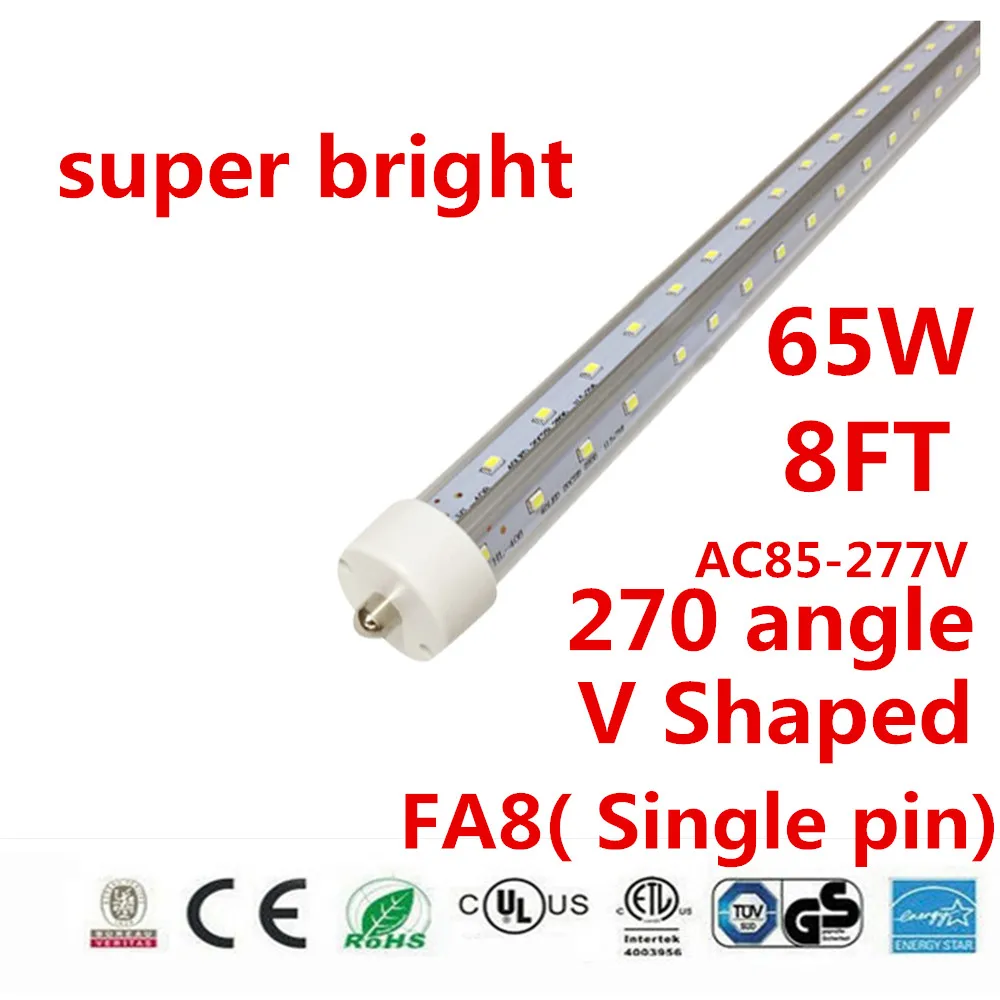 

20pcs v shaped led tube t8 8ft 2.4m 2400mm 65w 7000LM single pin fa8 led tube light AC85-277v led fluorescent tube lamp