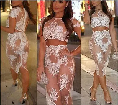  font b SEXY b font WHITE MESH CUT OUT FLORAL LACE CROP TOP MIDI SKIRT