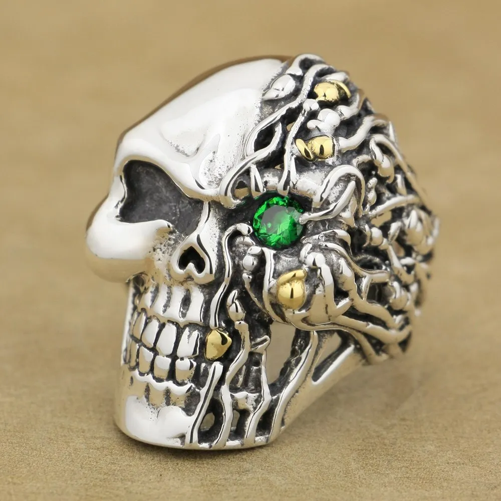 LINSION Green CZ Eye 925 Серебряное кольцо с черепом мужские Байкер-рокер в стиле панк 8V306 американский размер 7~ 15