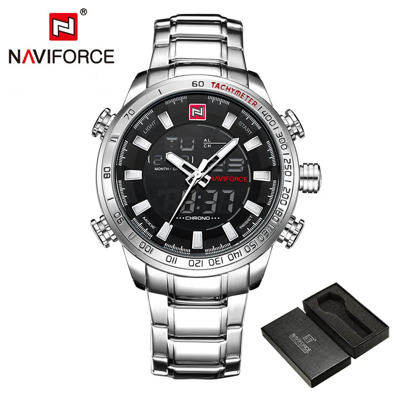 NA909305 with box NAVIFORCE, мужские часы, цифровые, спортивные, мужские, s, наручные часы, лучший бренд, Роскошные, военные, из нержавеющей стали, аналог, светодиодный, кварцевые, мужские часы 9093 - Цвет: NA909305 with box