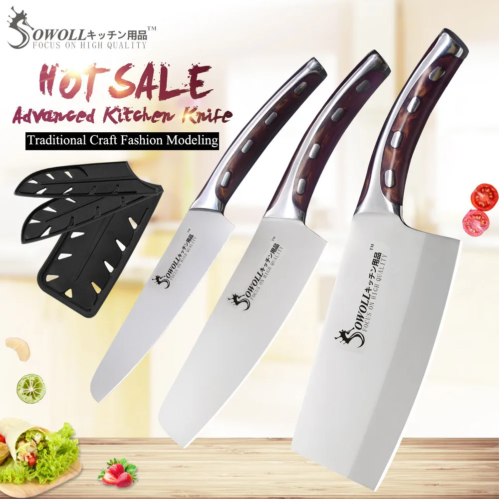 Sowoll 4cr14mov Stainless Steel Kitchen Knife Set Chopping Chef Cleaver