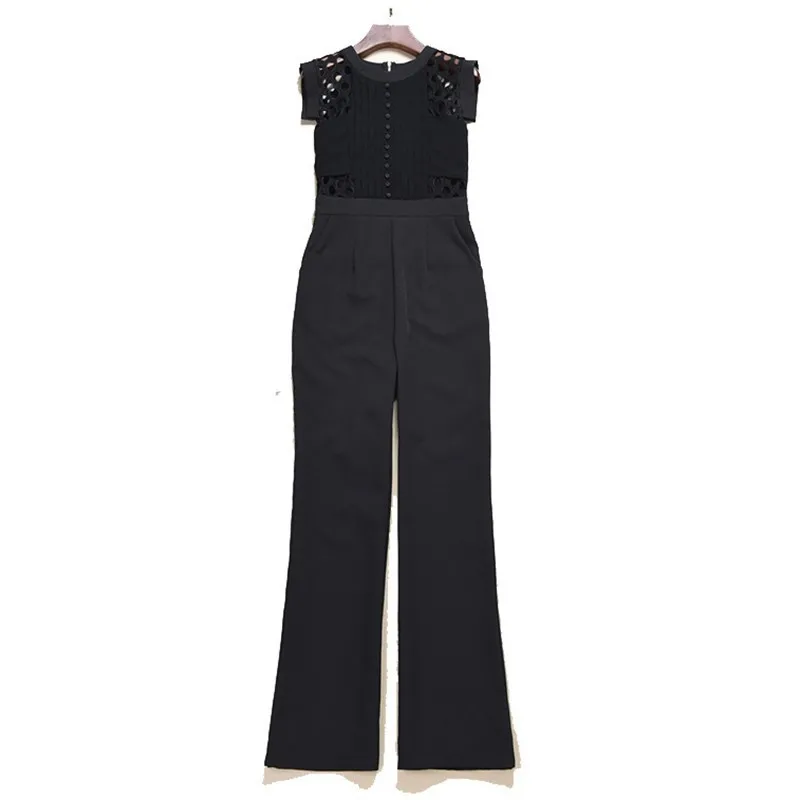 black TWOTWINSTYLE, Однотонный женский комбинезон с круглым вырезом, с коротким рукавом, с высокой талией, с бантом, Тонкие штаны, женская мода, новинка весны - Цвет: black