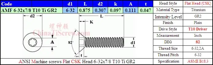 Титан винты 6-32x7/8 плоским цск глава Torx T10 драйвер Ti GR2 полированная 50 шт