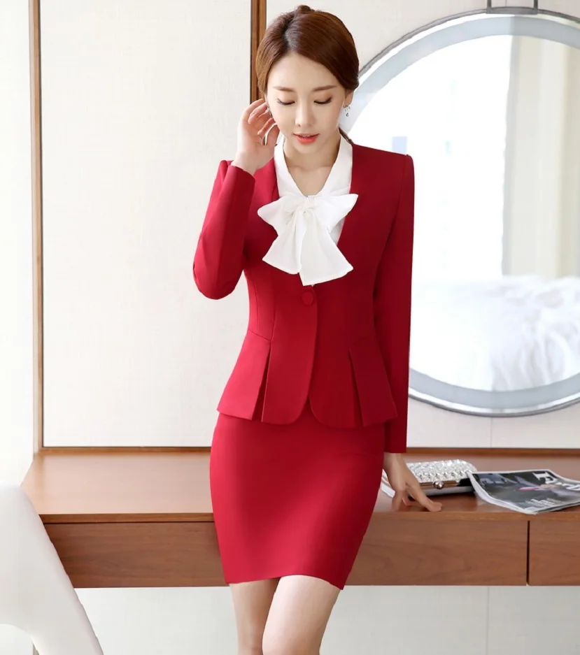 Новое поступление Профессиональный формальный офисный женский стиль тонкий модный Рабочий костюм с курткой и юбкой осень зима офисные женские блейзеры - Цвет: Red