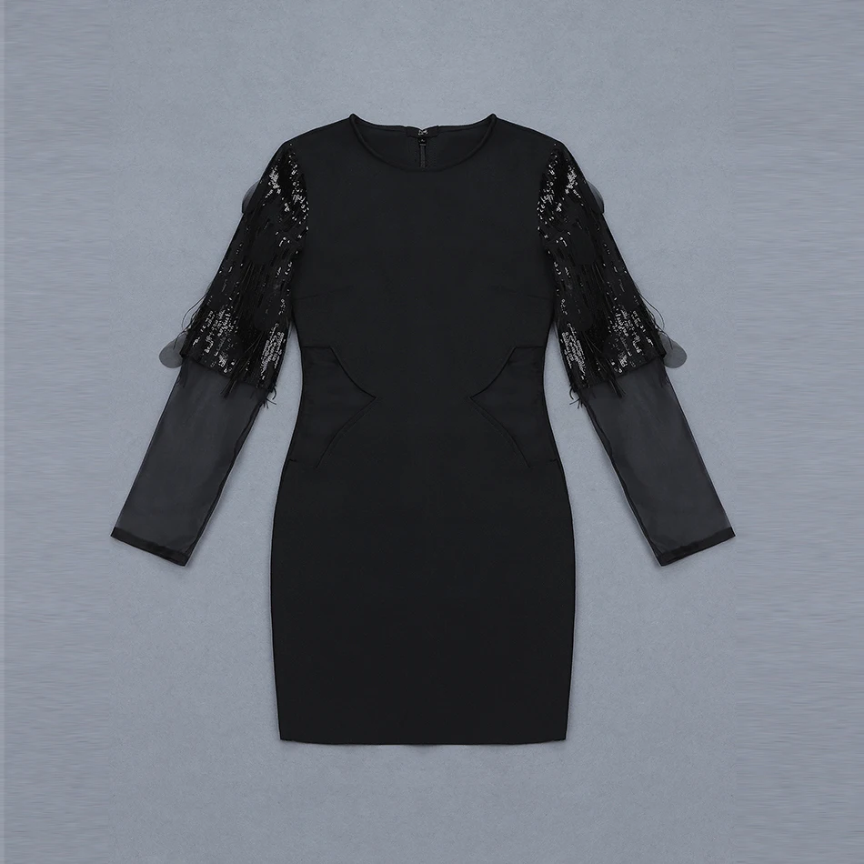 Seamyla, новинка, женское Бандажное платье, сексуальное, черное, перо, Vestidos, знаменитостей, платья для вечеринок, бодикон, сетка, расшитая блестками, Клубное платье