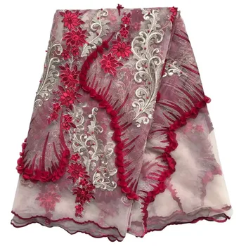 

2018 3d flower pattern french lace fabric high quality african tulle net lace fabric 3d flower with wine red flowers for dressF2