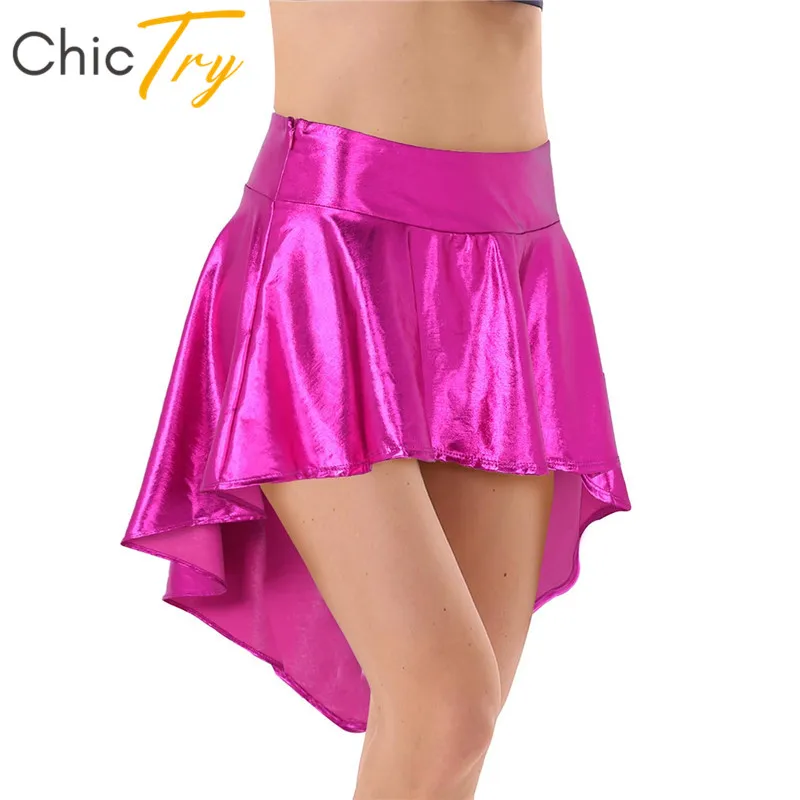 

ChicTry Women Metallic High Waist Asymmetrical Pleated A-Line Ballroom Ballet Latin Mini Skirt Club Party Rave Dance Costumes