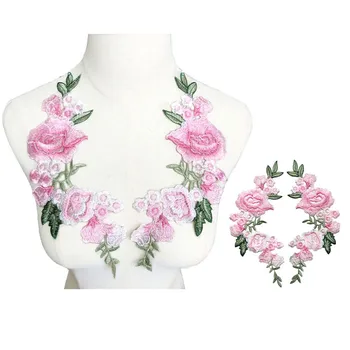

2PCS 27CM Embroidered Sew On Patches Roses Flowers Peony Pink Wedding Appliques Lace Trims For Bride Evening Dress DIY