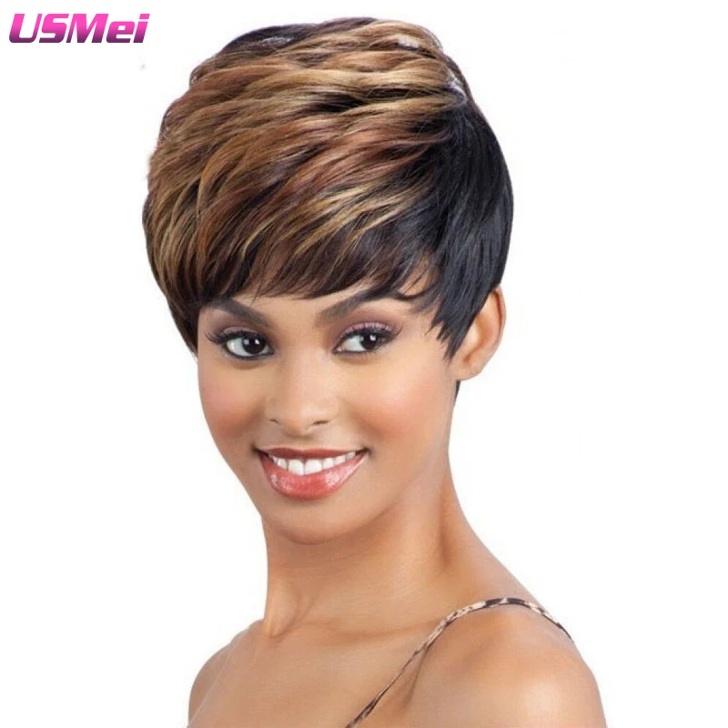 

Heat Resistant Synthetic Wigs Full Two-tone Brown Short Straight Hair Wigs for Black Women Wigs Cheap and Good Quality Wigs